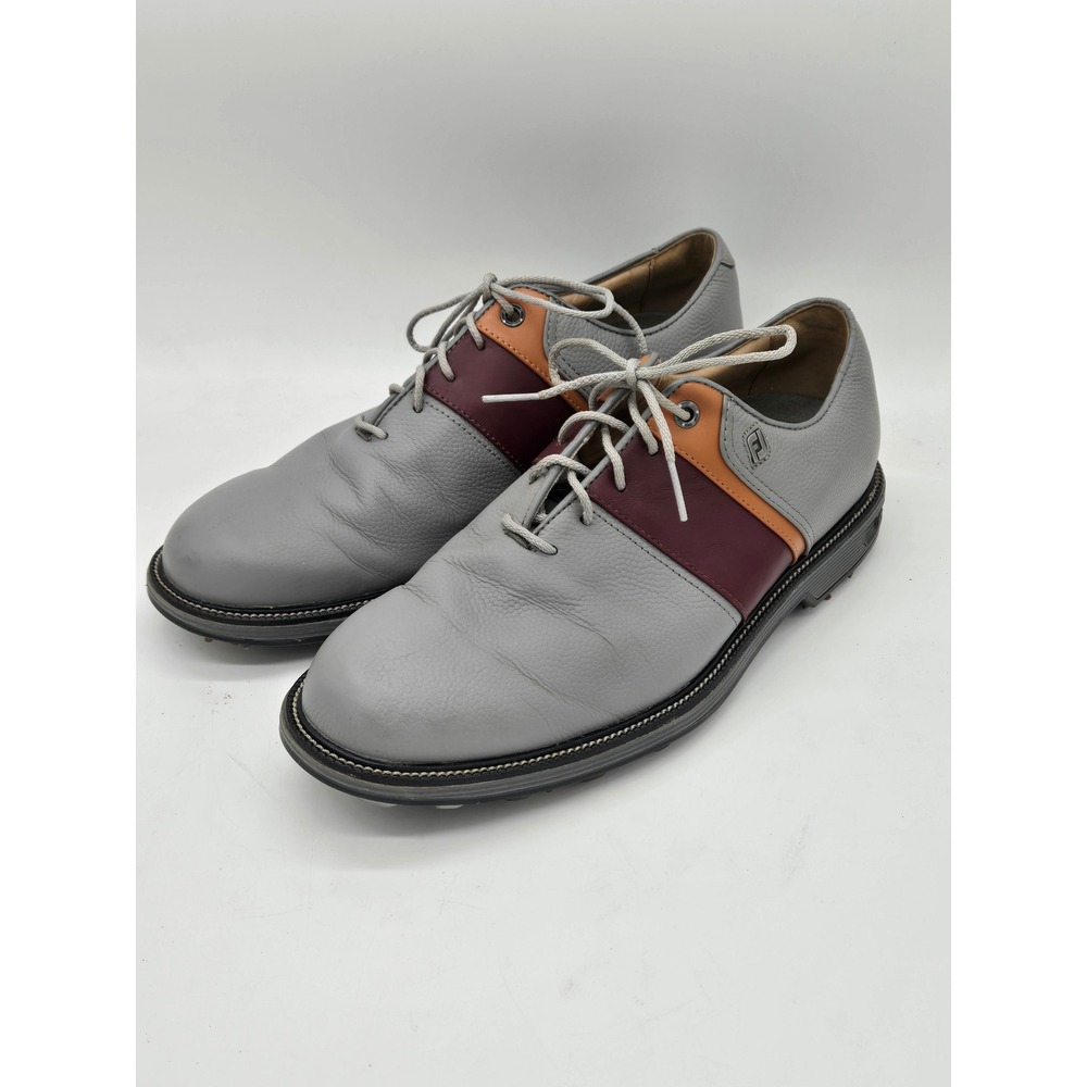 FootJoy MyJoys Premiere Series Men 9 Grey Burgundy Spiked Golf Shoes VersaTrax+